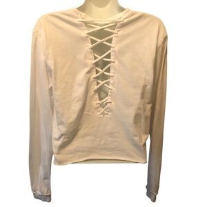 PINK VS Y2K Cropped LS Spell~Out Tee Sz. S White Lace Up Back Beachy Summer Vibe